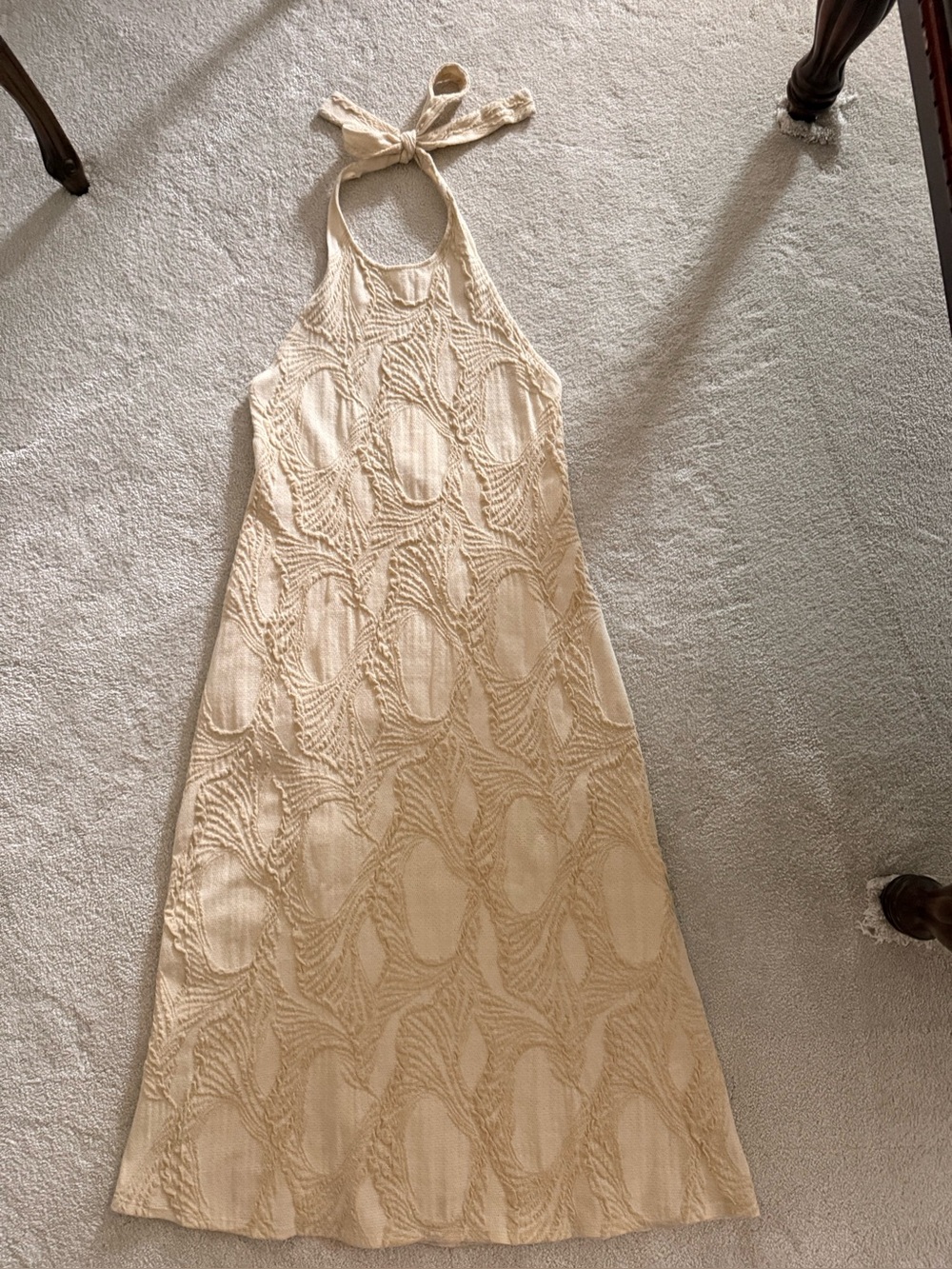 Zara Cream Halter Knit Midi Dress jacquard stretch size L